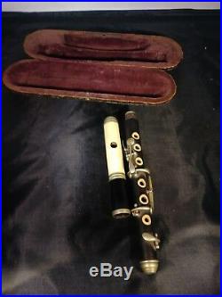 Antique Wood Ebony and Ivory Bone Piccolo Flute with Case