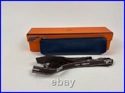Hermes Piccolo Chevre Leather Pen Case Pouch Blue Bleu de Malte Box Ribbon EUC