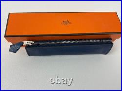 Hermes Piccolo Chevre Leather Pen Case Pouch Blue Bleu de Malte Box Ribbon EUC