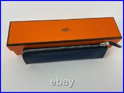 Hermes Piccolo Chevre Leather Pen Case Pouch Blue Bleu de Malte Box Ribbon EUC
