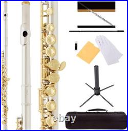 Mendini Closed Hole C Flute withCase, Stand & Lesson Book Nickel withGold Keys