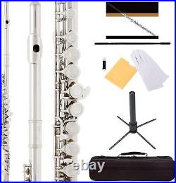 Mendini MFE-JS+SD+PB Closed Hole C Flute with Stand, Book & Deluxe Case Silver