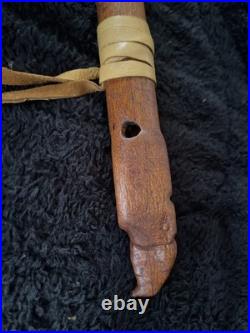 Native American Wooden Flute Carved Eagle 6 Hole 24.5 With Leather & Beads