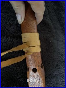 Native American Wooden Flute Carved Eagle 6 Hole 24.5 With Leather & Beads