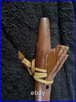 Native American Wooden Flute Carved Eagle 6 Hole 24.5 With Leather & Beads