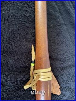 Native American Wooden Flute Carved Eagle 6 Hole 24.5 With Leather & Beads