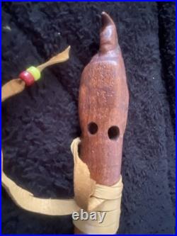 Native American Wooden Flute Carved Eagle 6 Hole 24.5 With Leather & Beads