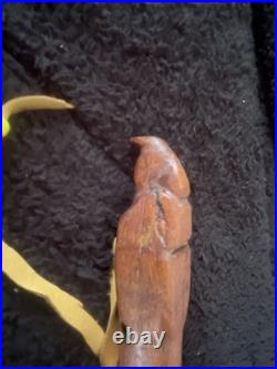 Native American Wooden Flute Carved Eagle 6 Hole 24.5 With Leather & Beads