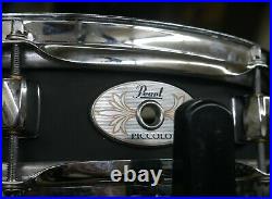 Pearl Piccolo 13 x 3 Black Steel Snare Drum with pearl stand and case very good