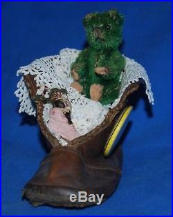 Sweet RARE Antique 1920's Bright Green 2.5 Piccolo Schuco Teddy Bear Felt Feet